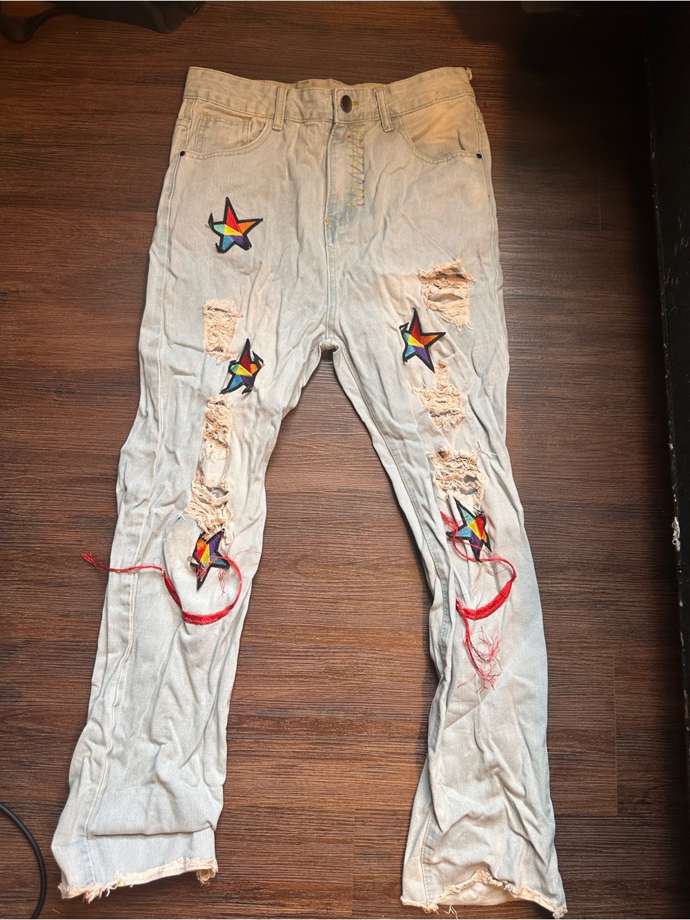 SHEIN Light Blue Distressed Jeans with Multicolor Star Patches